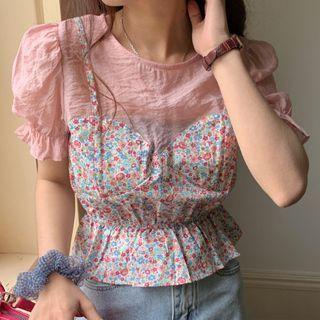 Mock Two-piece Floral Print Puff-sleeve Top