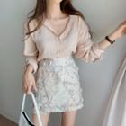 Long-sleeve Plain Light Shirt / High-waist Floral Printed Slim Fit Skirt
