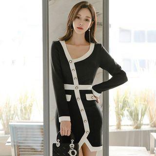 Long-sleeve Mini Contrast Trim Sheath Dress