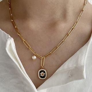 Flower Faux Pearl Pendant Stainless Steel Choker E669 - Gold - One Size