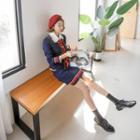 Set: Round-neck Contrast-trim Cardigan + Band-waist Skirt One Size