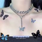 Double Layered Butterfly Pendant Necklace Silver - One Size