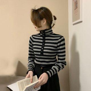 Mock-neck Ribbed Striped Knit Top