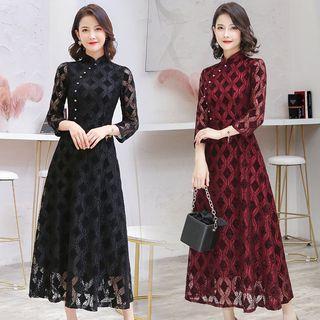 3/4-sleeve Traditional Chinese Lace Midi A-line Dress