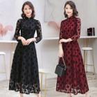 3/4-sleeve Traditional Chinese Lace Midi A-line Dress