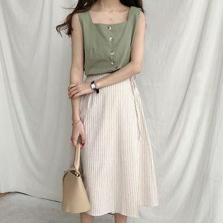 Square-neck Tank Top / Striped Midi A-line Skirt