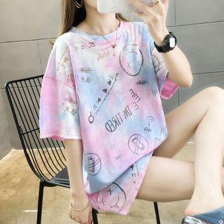 Printed Tie-dyed Elbow-sleeve T-shirt