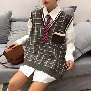 Plaid Knit Vest / Tie Neck Shirt