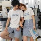 Couple Matching Short-sleeve Printed T-shirt / Striped Mini A-line Skirt