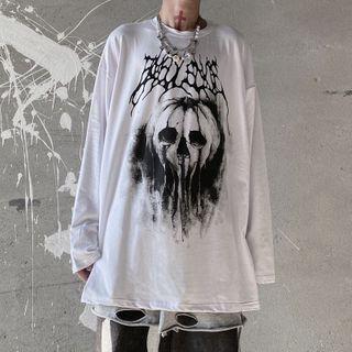 Long-sleeve Skull Print Round Neck T-shirt
