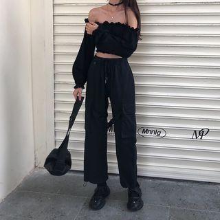 Off-shoulder Ruffle Trim Cropped Top / Drawstring Cargo Pants