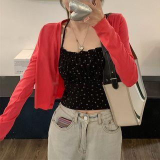 Plain Cardigan / Floral Cropped Halter Top