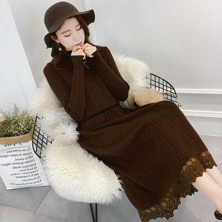Lace Panel Mock-neck Long-sleeve Midi Knit Dress