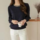 Pearly-neck Bishop-sleeve Knit Top