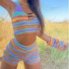 Set: Halter Knit Tank Top + Shorts + Arm Sleeve