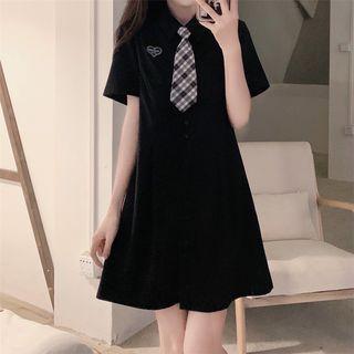 Short-sleeve Panel Necktie A-line Dress