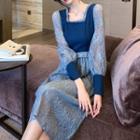 Square-neck Lace Panel Long-sleeve Midi A-line Dress