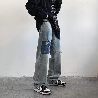 Distressed Two-tone Straight Leg Jeans