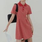Short-sleeve Polo Neck Plaid Mini A-line Dress
