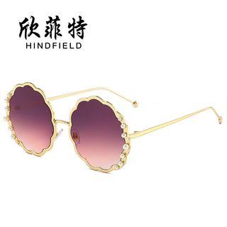 Faux Pearl Scallop Trim Round Metal Frame Sunglasses