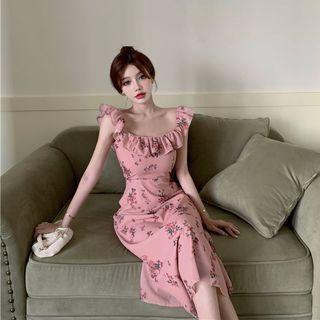 Square-neck Floral Ruffle Skinny Dress