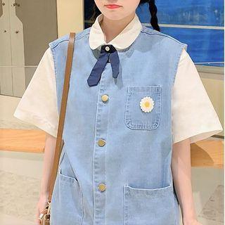 Elbow-sleeve Peter Pan Collar Shirt / Washed Denim Vest