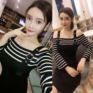 Striped Panel Off-shoulder Long-sleeve Knit Dress Stripes - Black - One Size