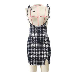 Spaghetti-strap Check Slit Mini Dress