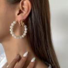 Set Of 3: Faux Pearl Hoop Earrings Gold - One Size