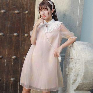 Traditional Chinese Elbow-sleeve Mesh Paneled Mini Dress