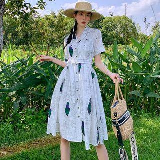 Short-sleeve Notch Lapel Print Midi A-line Shirtdress