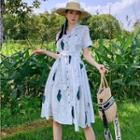 Short-sleeve Notch Lapel Print Midi A-line Shirtdress