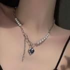 Faux Pearl Heart Necklace Silver & White - One Size