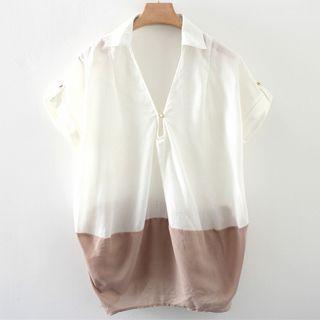 Short-sleeve V-neck Color Block Sheer Blouse