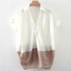 Short-sleeve V-neck Color Block Sheer Blouse
