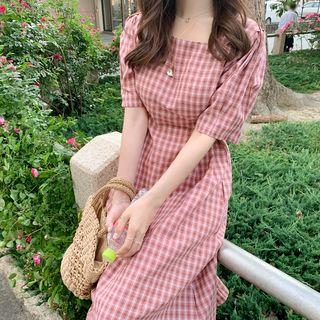 Plaid Square-neck Elbow-sleeve Midi A-line Dress