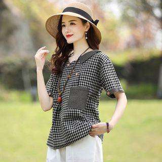 Set: Short-sleeve Gingham Blouse + Straight Leg Pants
