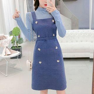 Set: Long-sleeve Mock Neck T-shirt +sleeveless Button-detail Dress
