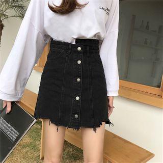 Asymmetric Fray Hem Mini A-line Denim Skirt