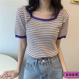 Short Sleeve Square Neck Striped Contrast Trim Knit Top