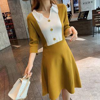 Two-tone Collared 3/4-sleeve A-line Knit Dress