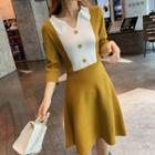 Two-tone Collared 3/4-sleeve A-line Knit Dress