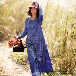 Mock Two-piece Embroidered Maxi Long-sleeve Dress