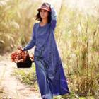 Mock Two-piece Embroidered Maxi Long-sleeve Dress