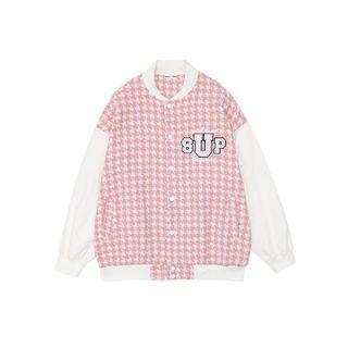 Lettering Houndstooth Baseball Jacket