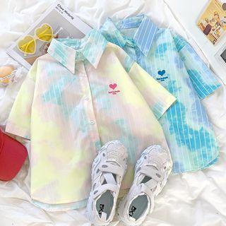 Short-sleeve Heart Embroidered Tie-dye Shirt