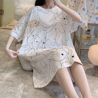 Elbow-sleeve Print Sleep Dress