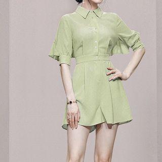Short-sleeve Ruffle Panel Wide Leg Romper