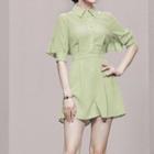 Short-sleeve Ruffle Panel Wide Leg Romper