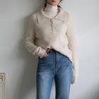 Faux-pearl Rib-knit Polo Shirt